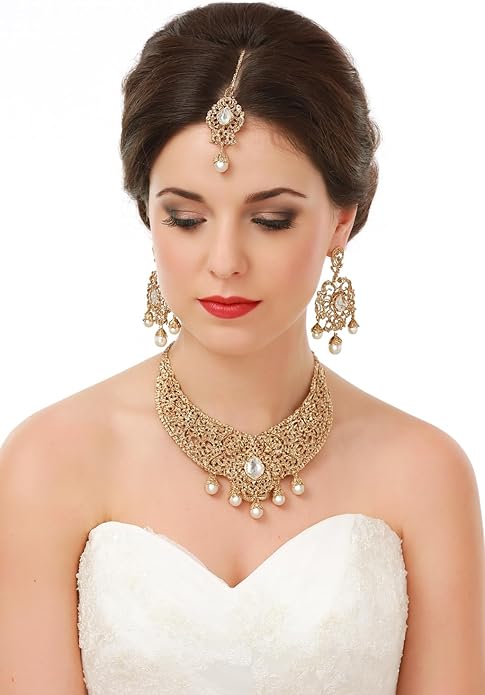 Touchstone Indian jewelry sets for women tikka wedding necklace costume guest statement bollywood rhinestones crystal faux pearls gold big royal neck piece set bridal fashion accessories