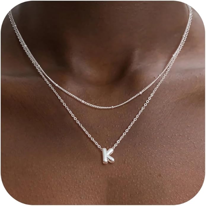 Valentines Day Gifts for Her - Bubble Letter Necklace Layered 14K Gold Plated Initial Necklaces for Women Dainty Cute Choker Pendant Stack Jewelry Fashion Accessories Teen Gift Trendy Stuff
