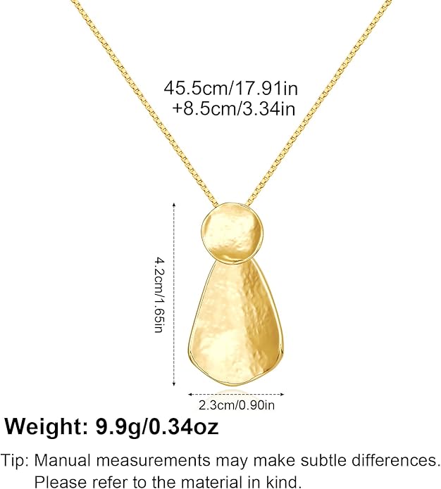 YUJIE Hammered Geometric Necklace Gold Plated Round & Teardrop Pendant Adjustable Chain Chic Elegant Jewelry