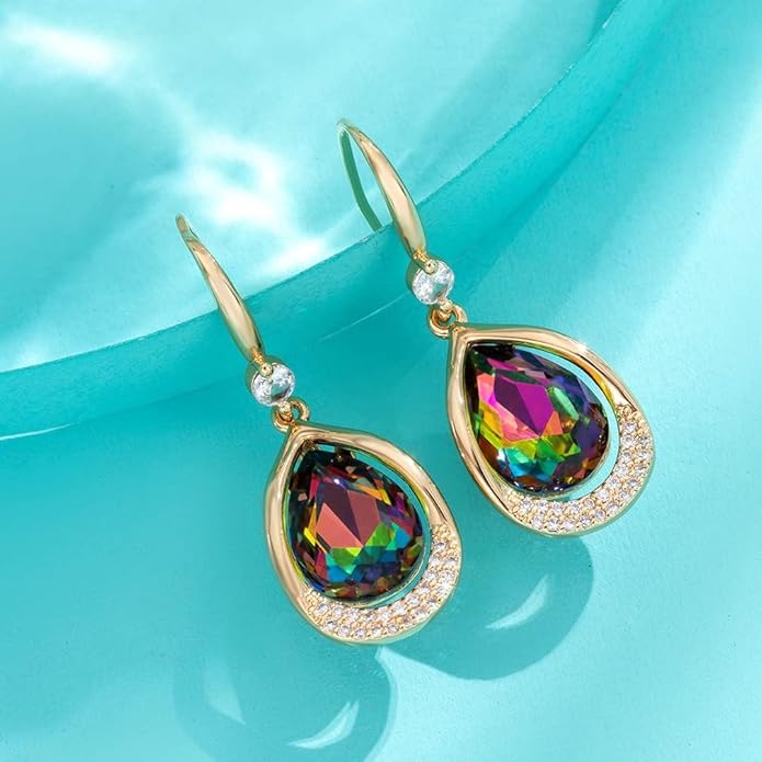 Austrian Crystal Halo Teardrop Hollow Drop Dangle Earrings for Women 14K Rose Gold Plated Hypoallergenic Jewelry Gifts