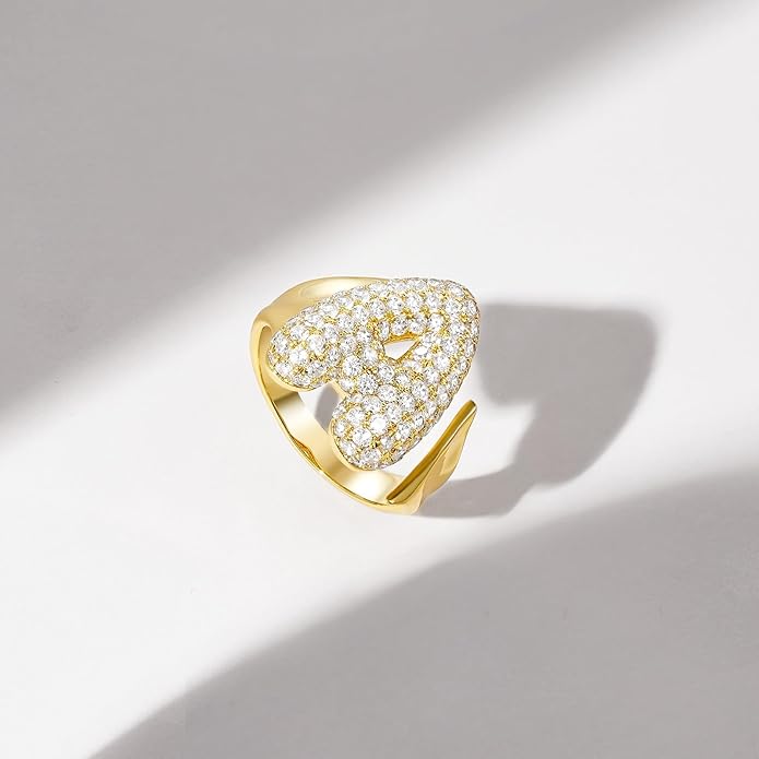 KissYan Bubble Initial Ring Valentines Day Gifts for Women, 14k Gold Plate Balloon Jumbo Letter Rings Open Adjustable Dainty Pave CZ Personalized Fashion Trendy Statement Jewelry