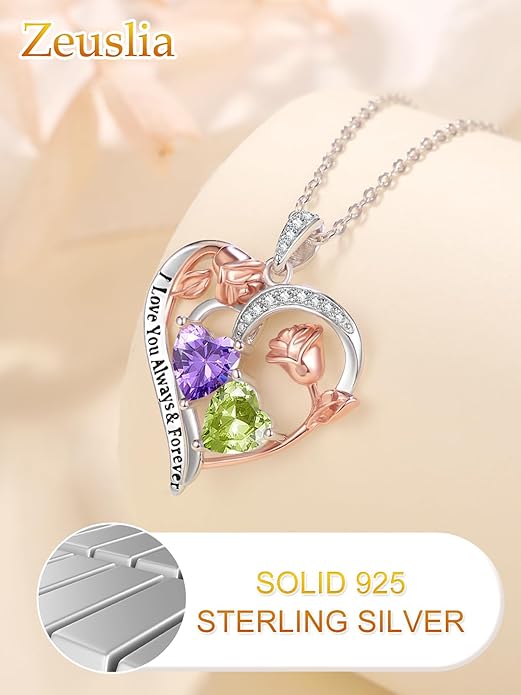 Valentine's Day Gifts for Wife 925 Sterling Silver Double Birthstone Pendant Necklaces I Love You for Always and Forever Necklace Anniversary Birthday Gifts for Wife Girlfriend Mom Her
