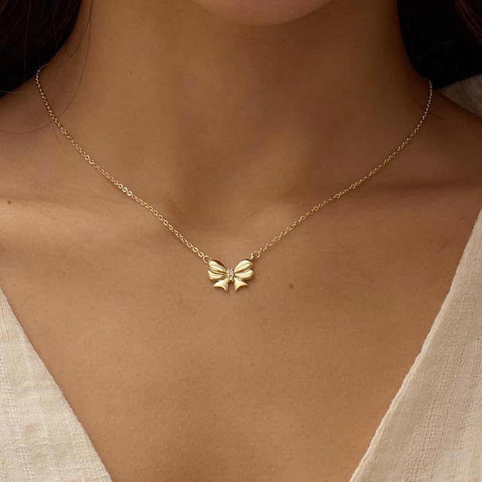 Valentines Day Gifts for Her - Dainty Bow Necklace for Women 14K Gold Plated Cute Choker Small Pendant Charm Necklaces Teen Gift Trendy Stuff Personalized Jewelry