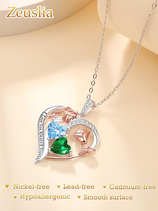 Valentine's Day Gifts for Wife 925 Sterling Silver Double Birthstone Pendant Necklaces I Love You for Always and Forever Necklace Anniversary Birthday Gifts for Wife Girlfriend Mom Her