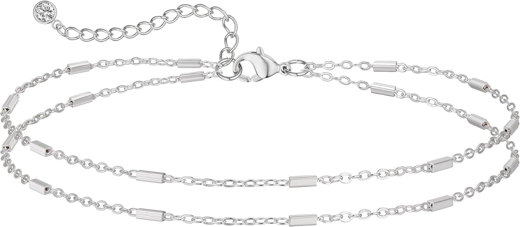 MIDEEO Gold/Silver Ankle Bracelets for Women,14K Gold Anklets for Women Waterproof Cuban Link Heart Beads Herringbone Rhinestone Anklets Set Layered Anklet Bracelets for Women Gold Jewelry Gift