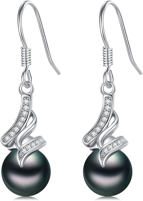 Tahitian Black Pearl Earrings Gifts for Women Wife Celtic Dangle Drop Earrings Wedding Birthday Anniversary Jewelry Valentines Christmas Day Gifts 925 Sterling Silver