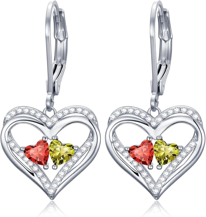 Valentines Day Gifts for Women, Heart Leverback Earrings Double Birthstone Dangle Earrings for Women, Love Jewelry for Her, Anniversary Birthday Gift for Mom Wife Girlfriend