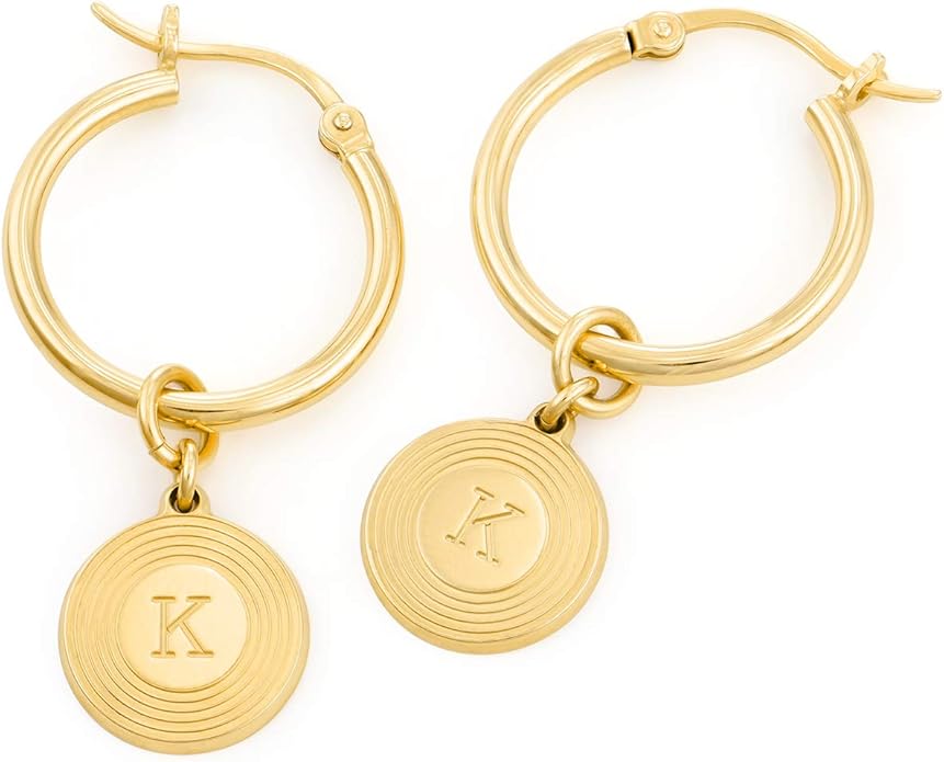 MyNameNecklace Personalized Odeion Initial Round Disc Shape Charm Hoop Earrings in Sterling Silver 925/ Gold Plating- Classic Delicate Jewelry Gift