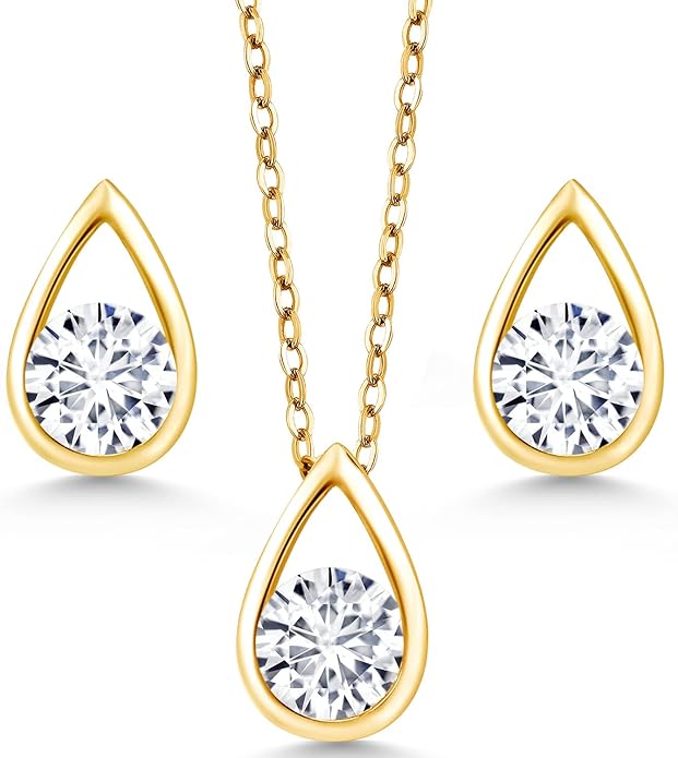 Gem Stone King 18K Yellow Gold Plated Silver 5MM Round Gemstone Birthstone Teardrop Pendant Earrings Set | Jewelry Set for Women | With 18 Inch Chain
