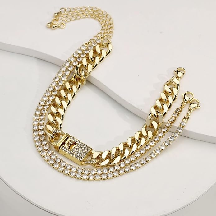 14K Gold Anklets for Women Waterproof Rhinestone Ankle Bracelet Layered Cuban Link Chain Diamond Anklet Beach Jewelry for Women