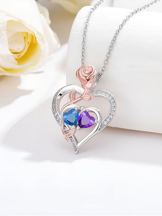 Rose Flower Heart Pendant for Women Birthday Gifts 18k Gold Plated Mother Daughter Necklace with 12 Months Birthstone Christmas Valentines Day Gifts for Her Mom Anniversarry Jewelry for Mom Wife Girlfriend