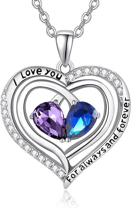Valentine's Day Gifts for Wife 925 Sterling Silver Double Birthstone Pendant Necklaces I Love You for Always and Forever Necklace Anniversary Birthday Gifts for Wife Girlfriend Mom Her