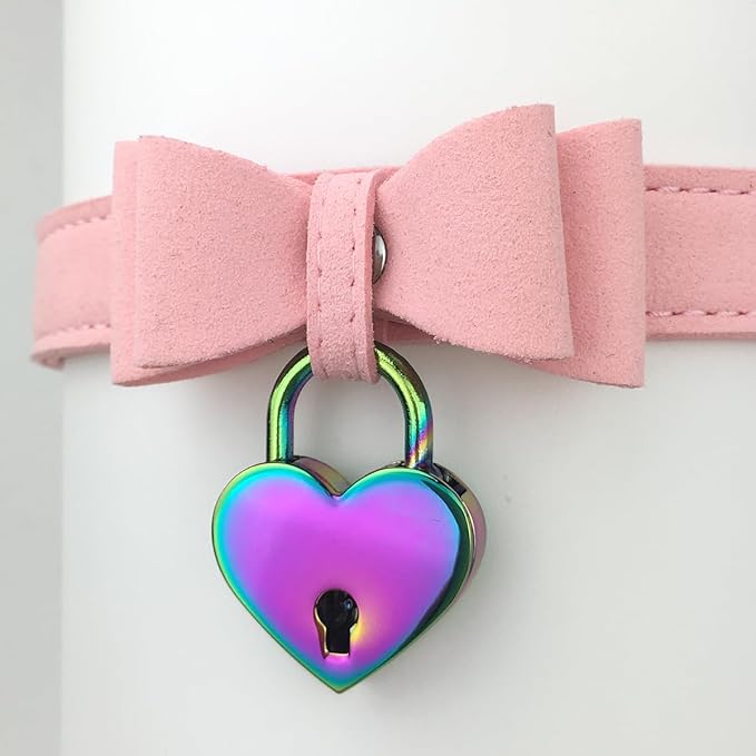 Destiny Love Bell Padlock Choker Collar Necklace Lolita Bow Collar Cat Kitty Velvet Necklace with Heart Lock and Key with Box for Women and Men