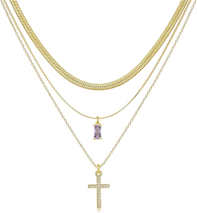 3Pcs Gold Layered Necklaces for Women, 14K Gold Plated Cross Necklace, Dainty Birthstone Necklace for Women, Herringbone Gold Necklaces Set, Stackable Women's Gold Pendant Necklaces Jewelry Set