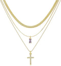3Pcs Gold Layered Necklaces for Women, 14K Gold Plated Cross Necklace, Dainty Birthstone Necklace for Women, Herringbone Gold Necklaces Set, Stackable Women's Gold Pendant Necklaces Jewelry Set