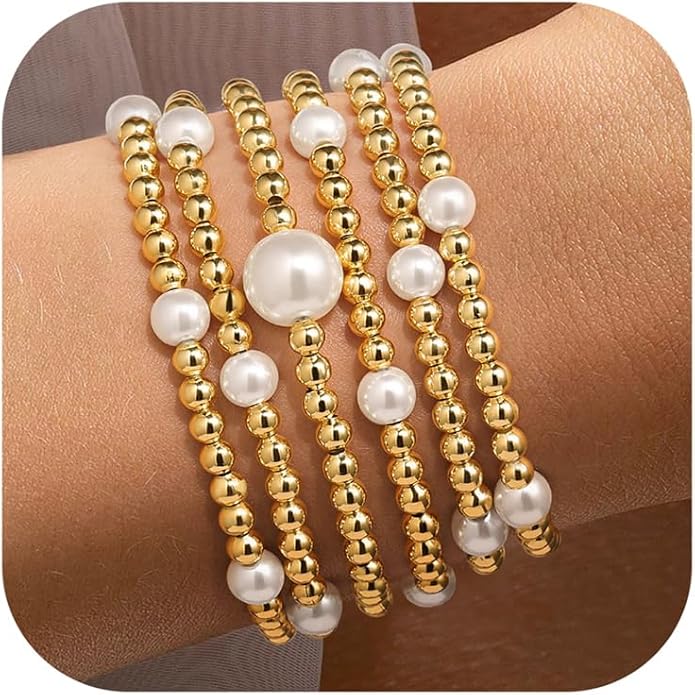 Yoosteel Valentines Day Gifts for Her Kids Teen Girl - 14K Gold Plated Dainty Round Beaded Ball Pearl Cross Bracelet Stack Set for Women Trendy Non Tarnish Teenage Girls Stackable Jewelry Gift