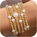 Yoosteel Valentines Day Gifts for Her Kids Teen Girl - 14K Gold Plated Dainty Round Beaded Ball Pearl Cross Bracelet Stack Set for Women Trendy Non Tarnish Teenage Girls Stackable Jewelry Gift