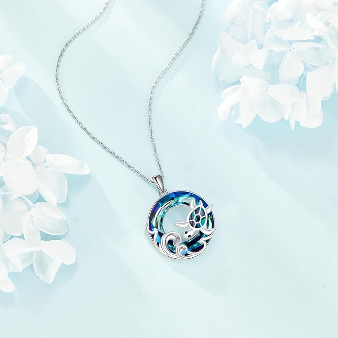 TOUPOP Sea Turtle/Mermaid/Dolphin/Shell/Starfish/Conch/Seahorse Necklace for Women Sterling Silver Ocean Pendant Necklace with Crystal Ocean Beach Charm Jewelry Birthday Christmas Gifts