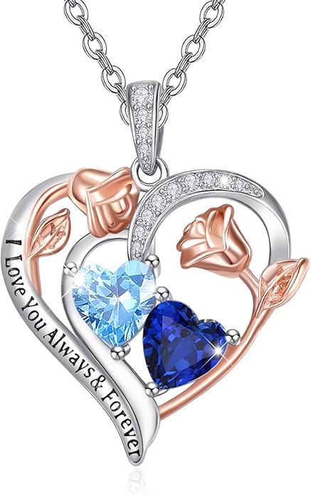 Valentine's Day Gifts for Wife 925 Sterling Silver Double Birthstone Pendant Necklaces I Love You for Always and Forever Necklace Anniversary Birthday Gifts for Wife Girlfriend Mom Her