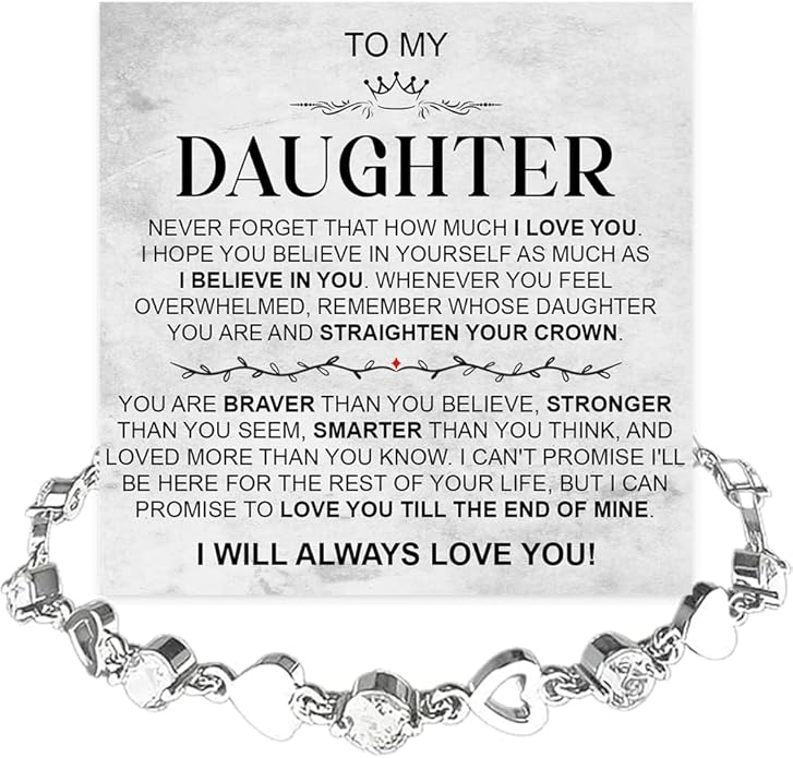 To My Daughter Bracelet, Silver Heart Chain Bracelet with Shiny Stones, Perfect Birthday or Graduation Christmas Gift for Daughter with Message Card Gift Box