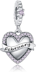 Birthstone Charms 925 Sterling Silver Love Heart pendant Beads Fit Pandora Charms Bracelet and Necklace, Fit Women Wife Mom Christmas Birthday Gift