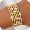 Gold Bead Bracelets for Women Girls - 14K Gold Plated Dainty Round Bead Ball Pearl Cross Bracelet Stack for Women Teenage Girls Stackable Jewelry Christmas Gifts