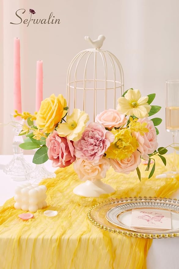 Serwalin Pink Yellow Artificial Flowers, Wedding Silk Fake Flowers Box | Faux - Image 8