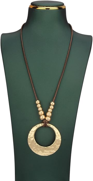 Boho Leather Necklace Women Bohemian Brown Circle Pendant Necklace Choker Long Necklaces for Women Boho Ring Large Pendant