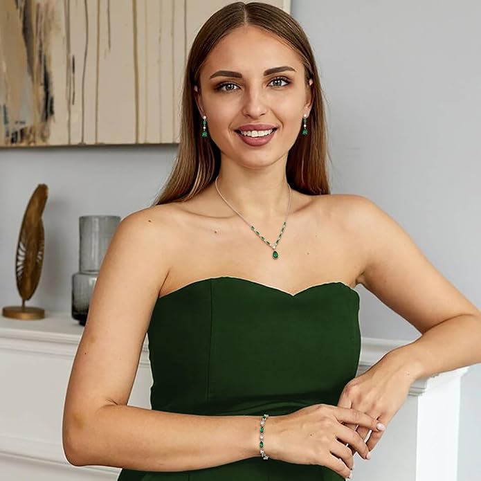 Crysdue Teardrop Bridal Jewelry Set for Wedding Party, Silver/14K/Rose Gold Plated Prom Costume Jewellery for Bride Bridesmaids Women, Cubic Zirconia Necklace Dangle Earrings Bracelet