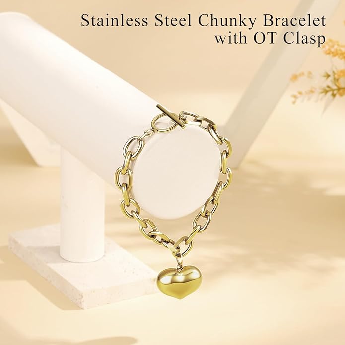 Emibele Heart Charm Bracelet for Women, Bible Verse Bracelet Stainless Steel 18K Gold Plated Bracelet Love Pendant Link Chain OT Clasp, Birthday Christmas Jewelry Gift for Mother Her