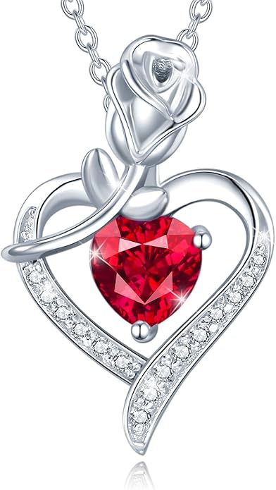 AGVANA Valentines Day Gifts Rosy Reverie Birthstone Necklace for Women Sterling Silver Genuine or Created Gemstone Rose Flower Heart Pendant Necklace Anniversary Birthday Gifts for Women Mom Wife Her
