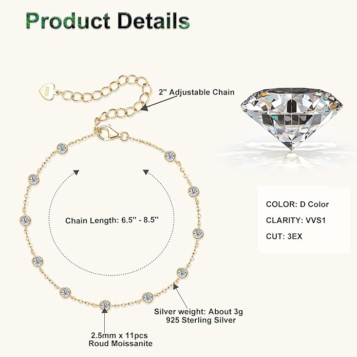 Bezel Moissanite Link Bracelet 0.66cttw D Color VVS1 925 Sterling Silver Adjustable Dainty Bracelets for Women Wife Birthday Jewelry Gifts