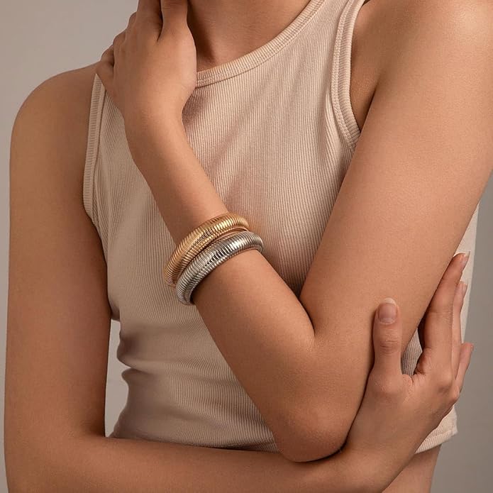 Gold Bangles for Women Chunky Bracelets Gold Plated Wide Ribbed Design Bangle Jewelry