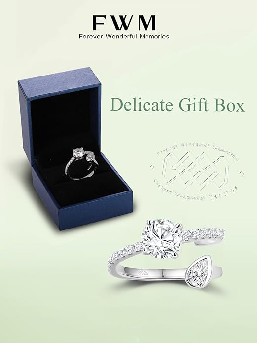 FWM Round Cut Moissanite Simple Open Rings for Women, Adjustable Ring, Solid Sterling Silver With Gold Plated, Stackable Wedding Band, Anniversary Valentines Mothers Day Christmas Gift