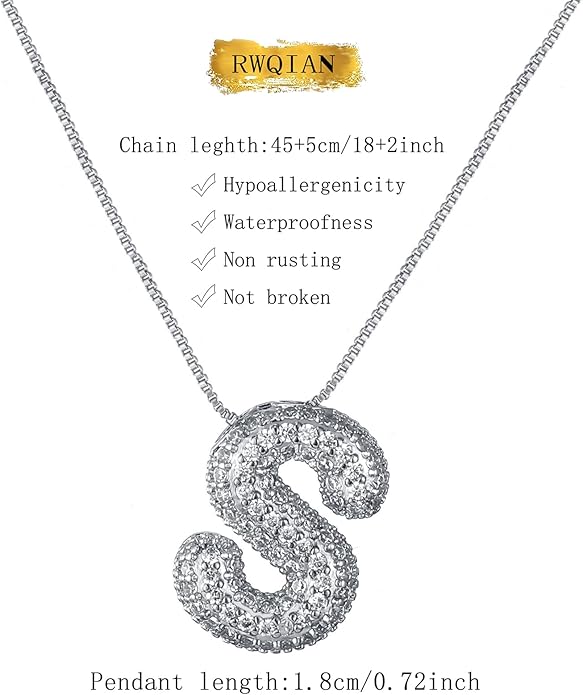RWQIAN Letter Necklace for Women Bubble, Chunky Initial Alphabet A-Z Pendant Puffy Name Personalized Necklace Dainty Zircon CZ Fashion Jewelry Gifts for Girls Girlfriend