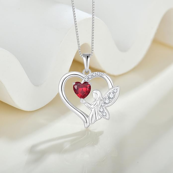 Guardian Angel Necklace 925 Sterling Silver Heart Angel Wings Pendant Birthstone Jewelry for Women