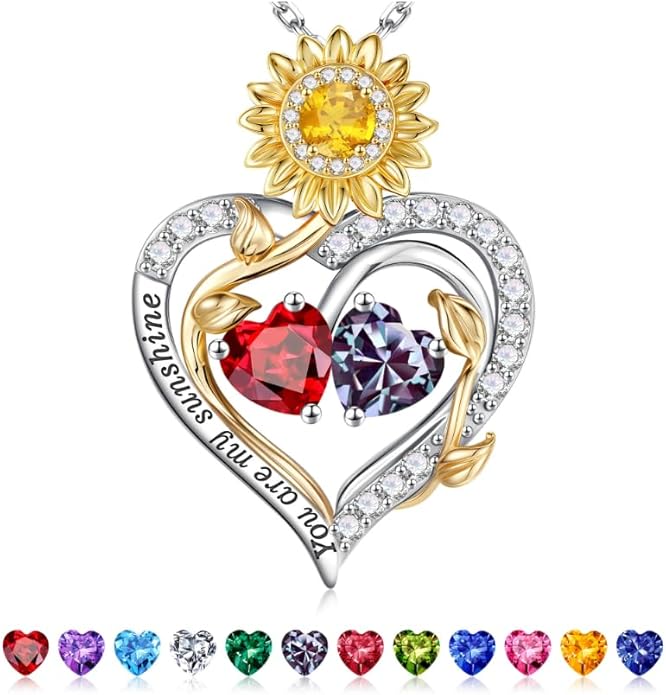 Iefil Valentines Day Gifts for Her - 925 Sterling Silver Sunflower Double Birthstone Necklace for Women, Anniversary Birthday Gifts for Wife, You Are My Sunshine Necklaces, Jewelry for Wife Mom