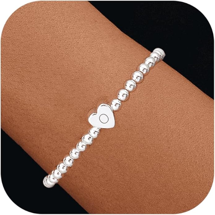 Valentines Day Gifts for Women Her - Dainty Beaded Heart Initial Bracelets Letter A-Z Charm Stretch Bead Ball Bracelet Trendy Jewelry Gifts