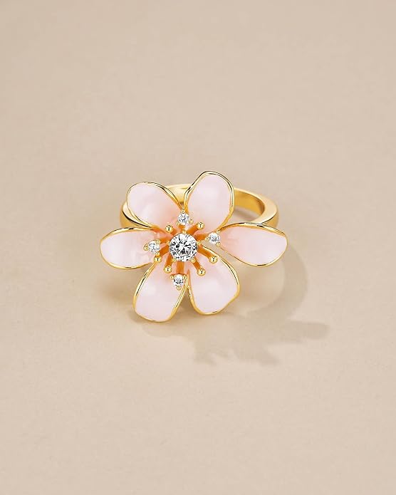 Gold Rose Pink Enamel Floral CZ FULLY ADJUSTABLE Statement Open Ring for Women by SNGIA, Daisy Orchid Flower Leaf Summer Beach Handmade Unique Pinky Band, Chunky Sunflower Stackable Cute Cuff Cocktail Ring Birthday Gift, Natural Bold Exaggerated Irregu...