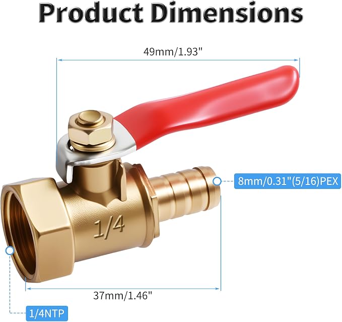 2 Pcs Brass Ball Valve, 8mm x 1/4 Inch, Female NPT | Full Port Shut Off Valve - Image 2