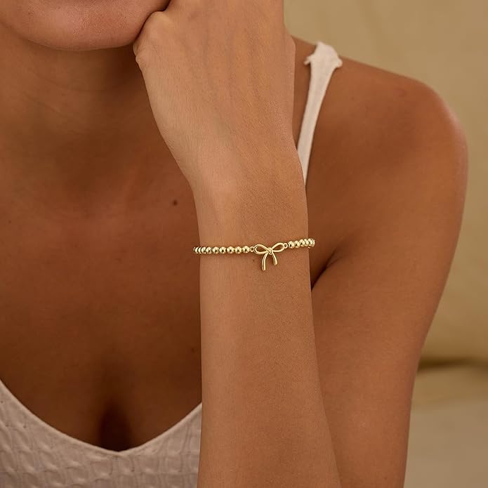 Valentines Day Gifts for Women Her - Beaded Stretch Handmade Ball Bracelets Cute Charm Bracelet Dainty Stackable Cross Heart Bow Wave CZ Jewelry Gifts Trendy Stuff