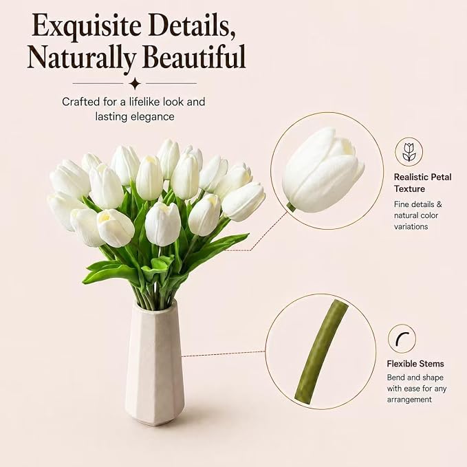 Mandy's 20pcs Artificial White Tulips | 13.5 Inch Lifelike PU Tulips Faux - Image 4