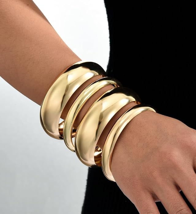 Chunky Gold Bangle Bracelets for Women, Dainty 14k Gold Plated Big Stackable Bangles Set, Trendy Cuff Bracelet Stack Fashion Jewelry Gifts