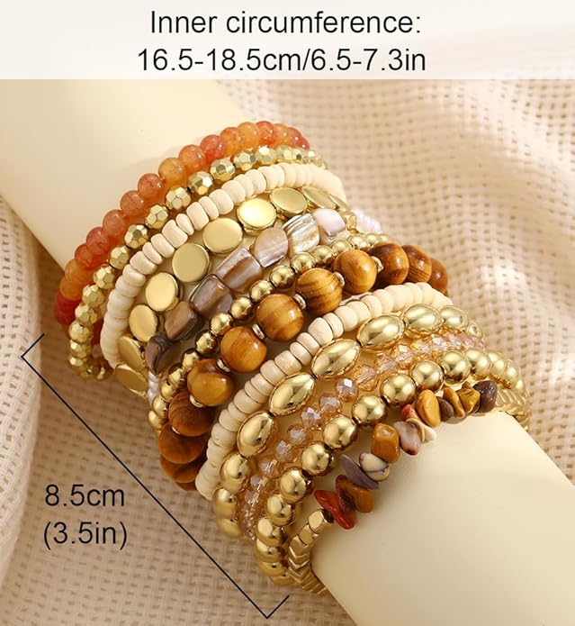 iF YOU 12 Pcs Boho Beaded Bracelets for Women, Brown Orange Bohemian Stackable Gold Bead Stretch Bracelets Stack Jewelry Gift