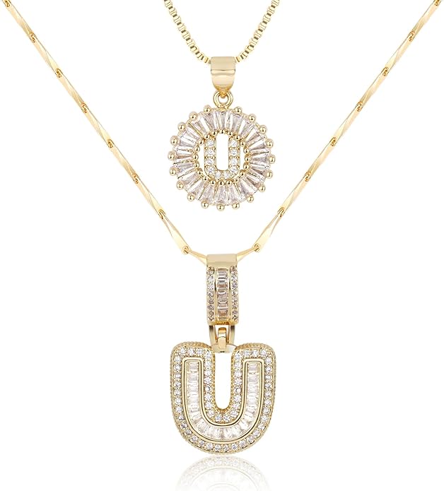 Letter Necklace 14k Gold Plated Bling Dainty Necklaces Trendy Chunky Custom Name Necklace Personalized Round Circle Pendant Zirconia Letters Name Crystal Jewelry Gifts for Women