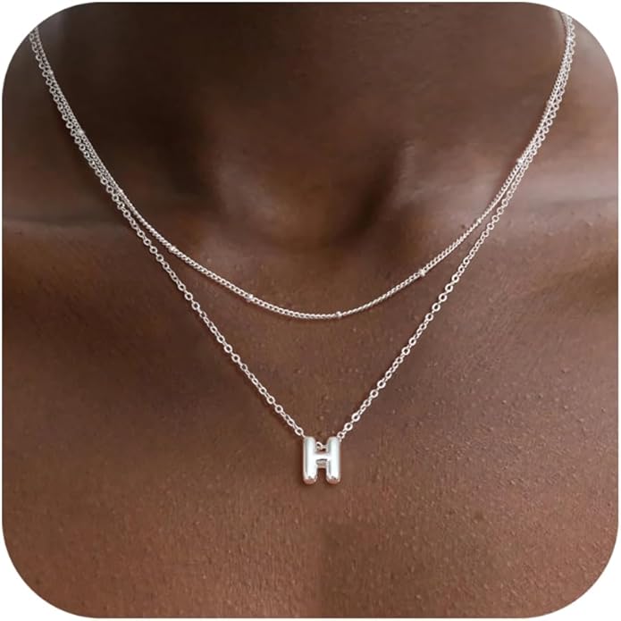 Valentines Day Gifts for Her - Bubble Letter Necklace Layered 14K Gold Plated Initial Necklaces for Women Dainty Cute Choker Pendant Stack Jewelry Fashion Accessories Teen Gift Trendy Stuff