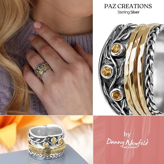 Paz Creations 925 Sterling Silver Spinner Rings for Women With Natural Gemstones - Hammered Pattern Thick Band - Handcrafted Artisan Jewelry - Fidget Rings - Gift For Her