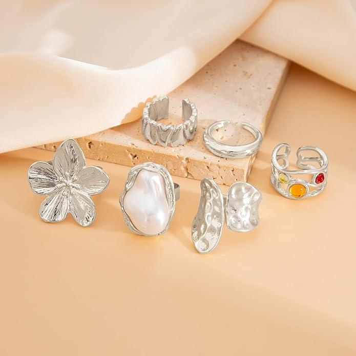 CJIAYUJEW Chunky Gold Flower Rings Pearl Stacking Statement Rings for Women Silver Chunky Knuckle Ring Set Adjustable Pearl Finger Ring Sets