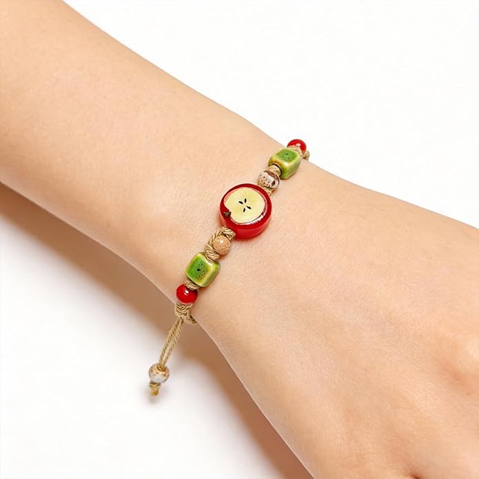 Handmade Ceramic Apple Charm Bracelet, Woven Rope String Wristband with Red Fruit Porcelain Beads, Adjustable Artisan Jewelry for Women, Nature-Inspired Accessory, Unique Teacher Appreciation Gifts