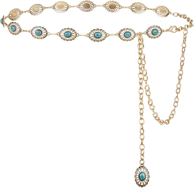 FIORETTO Metal Waist Chain Link Belt for Women Western Cowgirl Boho Turquoise Belts for Dress Jeans Country Concert Outfit